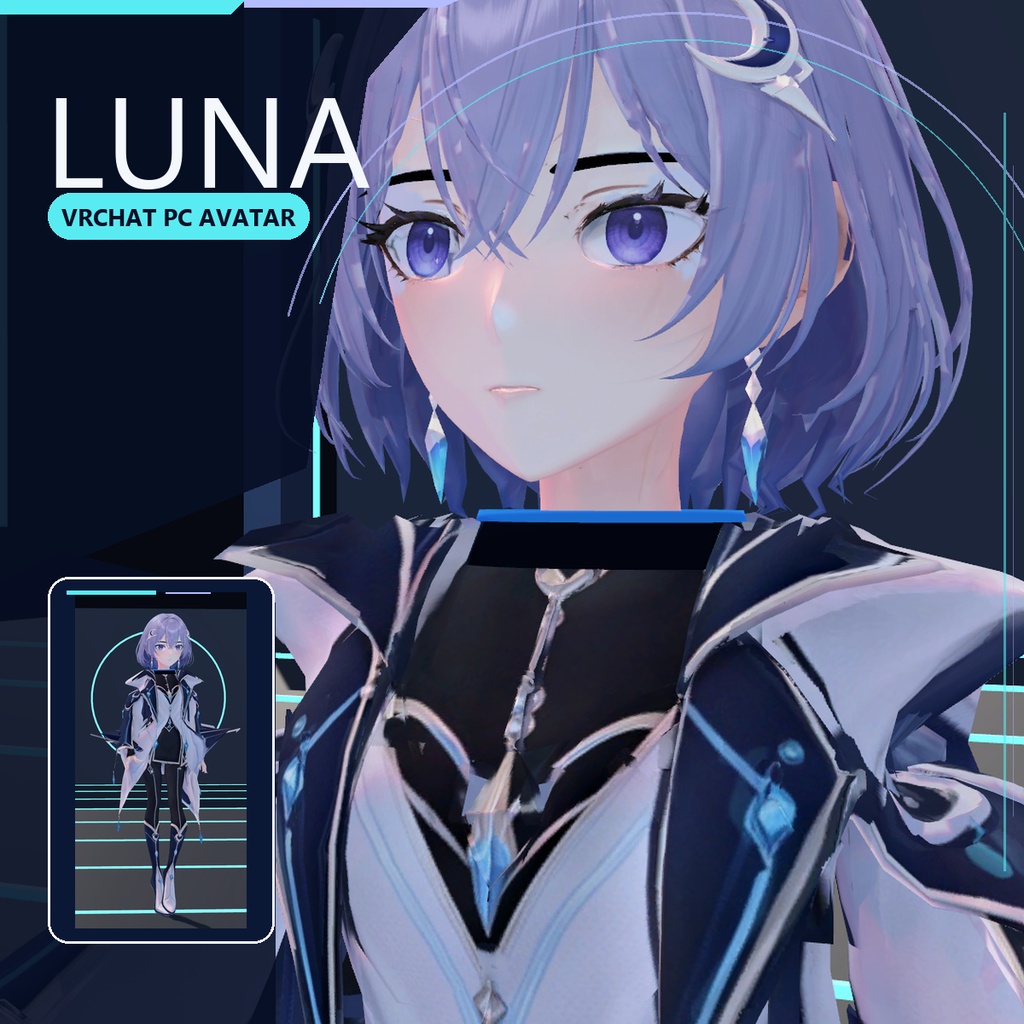 月光を思わせる青銀の衣装をまとったVRChat PC向け3Dアバター LUNA