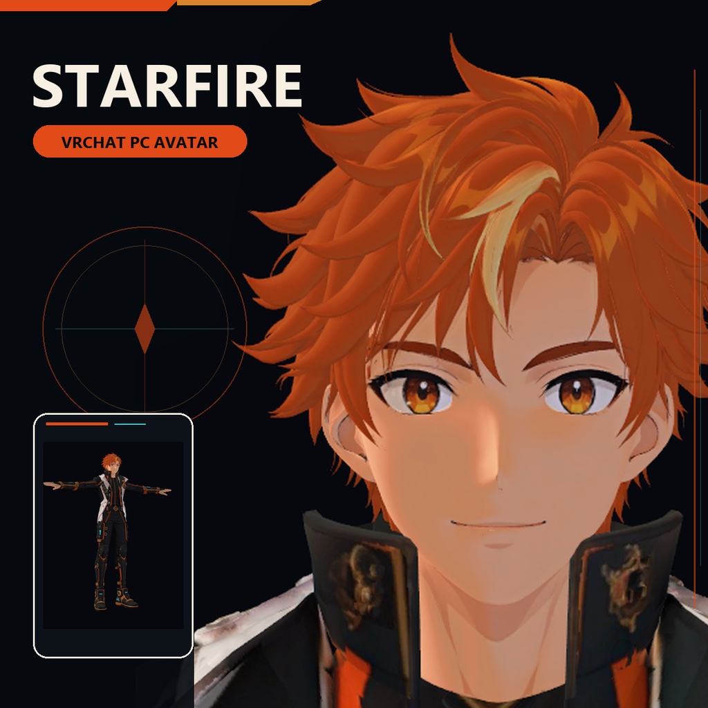黒・白・オレンジにシアンを重ねた男性VRChatアバター Starfire Mechanic